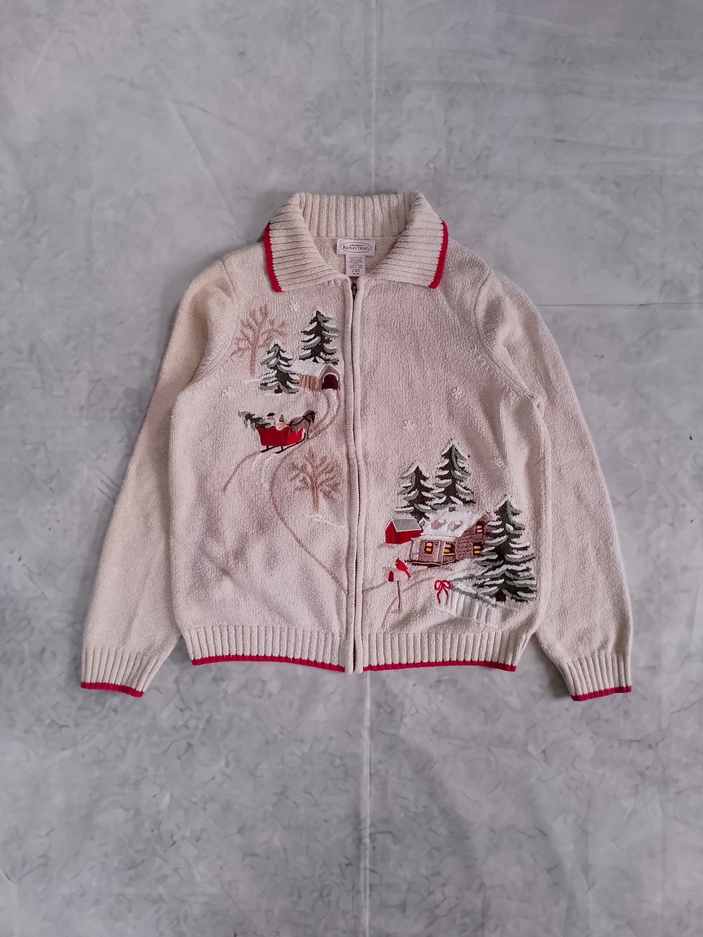 Vintage Cozy Cream Winter Scene Zip-Front Sweater Winterscape - Picture 9 of 10